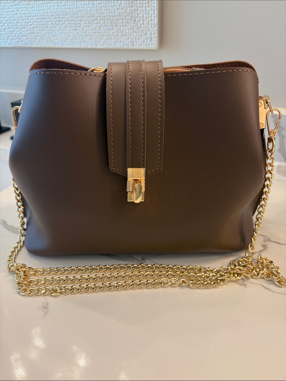 Brown Leatherette Crossbody Bag with Gold Chain